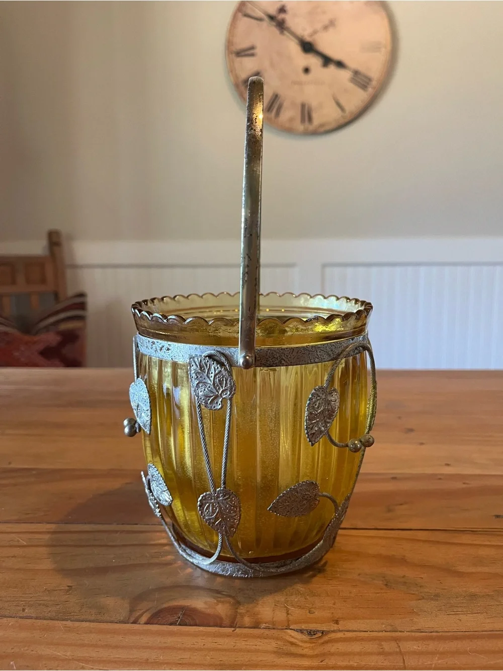 Vintage Amber Glass Ice Bucket with Caged Leaf and Handle